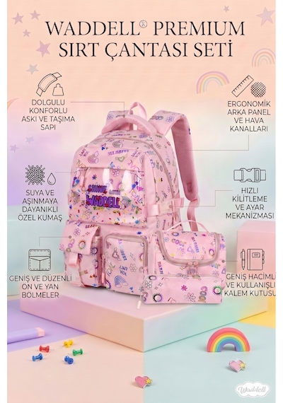 Waddell Kawaii Kore Tarzi Twil Kumas Desenli Sirt Cantasi Beslenme Cantasi Ve Kalemlikli Uclu Se Pembe