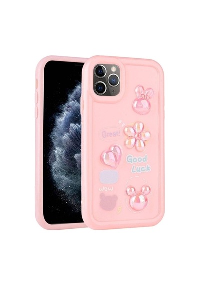 Apple Uyumlu iPhone 11 Pro Max Kılıf Kabartma Figürlü Parlak Zore Toys Silikon Kapak Pembe