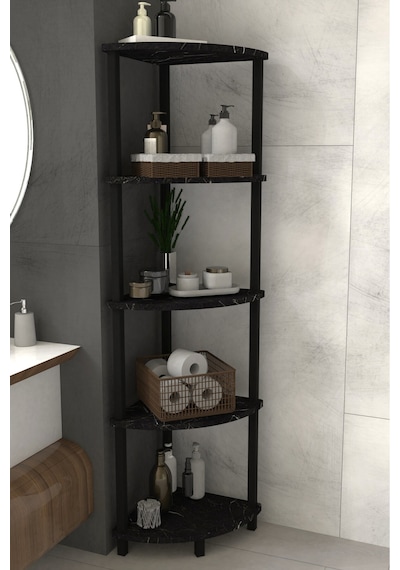 Decoline Banyo Rafı 5 Katlı Moblen Modern Organizer Depolama Ünitesi-beyaz Siyah Mermer Desen
