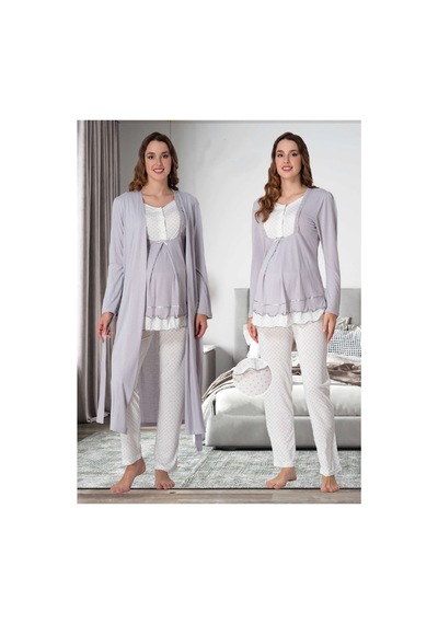 Effortt Dvina Lohusa Hamile Sabahlıklı Uzun Kollu Puantiyeli Pijama Takımı - Gri Gri