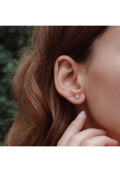 Starlıght Diamond Tek Taş Round Kesim Gold Kaplama Küpe Gümüş
