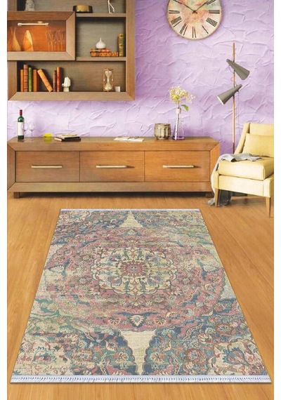 Pembe Vintage Dokuma Pamuk Tabanlı Kaymaz Kilim Klm334n11