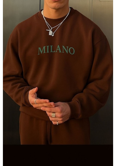 Benroma 3 İplik Penye Milano Baskılı Unisex Sweatshırt Kahverengi