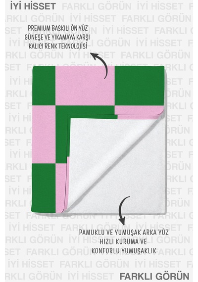 Damalı Kareli Pembe Yeşil Plaj Havlusu - Modern Geometrik Havuz Deniz Hızlı Kuruyan Mikrofiber Havlu Köpük Esinti
