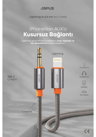 Jopus 11 12 13 14 Pro Max Serisi Uyumlu Lightning Örgülü Aux Kablosu, İphone Aux Tak Çalıştır, 1m Ja-05