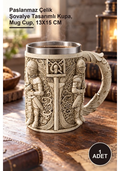 1 Adet Şovalye Kupa Bardak Paslanmaz Çelik Şovalye Tasarımlı Kupa, Mug Cup, 13x15 Cm