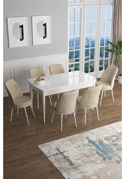 Canisa Concept Han Serisi 70x114 Açılabilir Mdf Mutfak Masası Takımı Beyaz Masa 6 Krem Sandalye Masa Beyaz Sandalyeler Krem