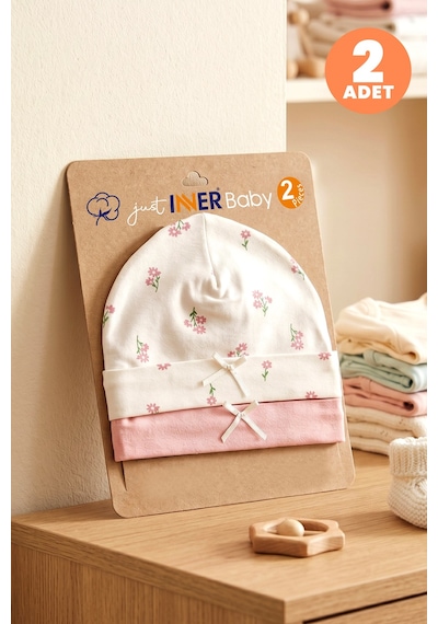 Just Inner Kız Bebek 2'li Pamuklu Bere Çiçekli Esnek Ve Konforlu 684503 Somon