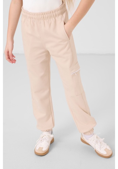 Tommylife Beyaz-bej O Yaka Baskılı Lastik Paça Kargo Cepli Kız Çocuk Eşofman Takım - 75173 Beyaz/bej Beyaz - Bej