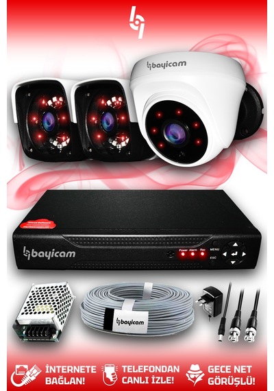 Bayicam 3 Kameralı Panda 1 İç Kamera Set HDD'siz Full HD Gece Görüşlü Güvenlik Kamerası Sistemi