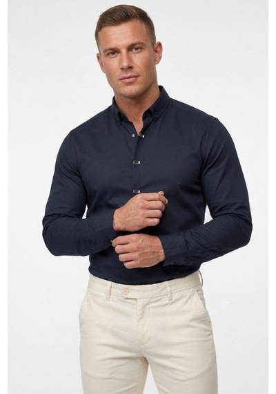 Deepsea Lacivert Slim Fit Likralı Kolay Ütülenebilir Gizli Düğmeli Erkek Gömlek 2602614