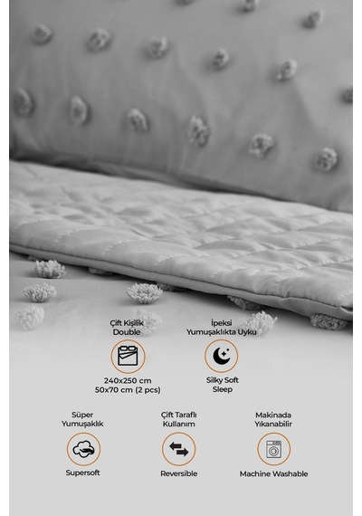 Evlen Home Pamuklu Emmy Yatak Örtüsü Seti Günlük Çift Kişilik Boho 3 Parça Dolgulu Tufting Gri Gri