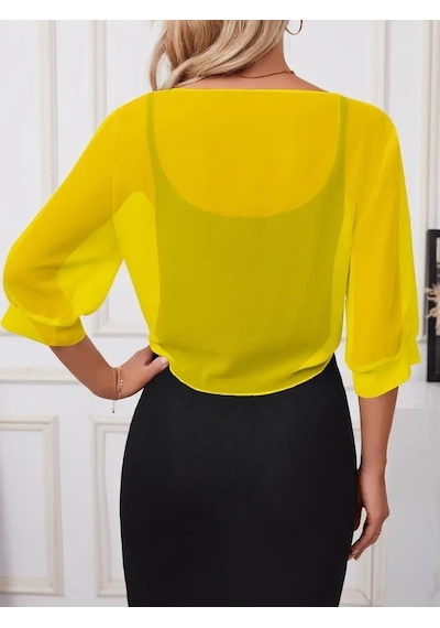 Kadın Fakir Kollu Önden Bağlamalı Kısa Şifon Bolero Ceket Sarı