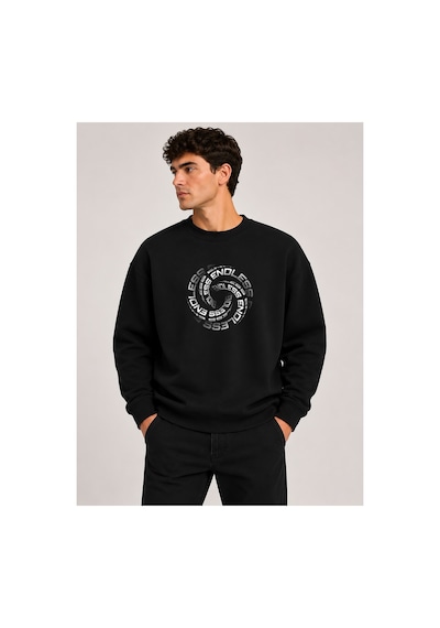 Herkesemoda Geometrik Desen Baskılı Bisiklet Yaka Şardonlu 2 İplik Sweatshirt Siyah