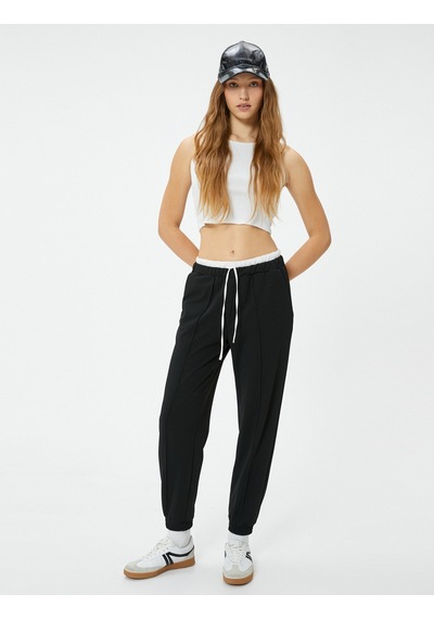 Koton Jogger Pantolon Çift Bel Detaylı Bağlamalı Nervürlü Siyah 4sal40146ık Siyah