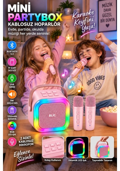 Blic Bls-97 Pembe Partybox Çift Kablosuz Mikrofonlu Rgb Led Işıklı Taşınabilir Bluetooth Hoparlör