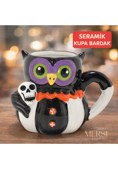 Kurukafa Tutan Baykuş Figürlü 3d Seramik Kupa Bardak Dekoratif Baykuş Kupa Sarı Siyah