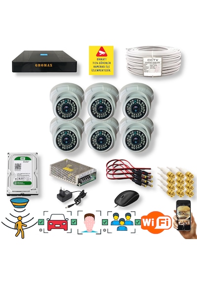 6 Kameralı Set Yapay Zeka Özellikli Gece Görüşlü 5 Mp Sony Lensli Fullhd İç Mekan Güvenlik Kamerası Seti D136b-9008