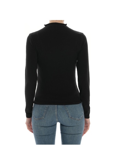 Qoolest Kadın Siyah Önü Tül Büzgü Detaylı Dik Yaka Slim Fit Örme Bluz Siyah