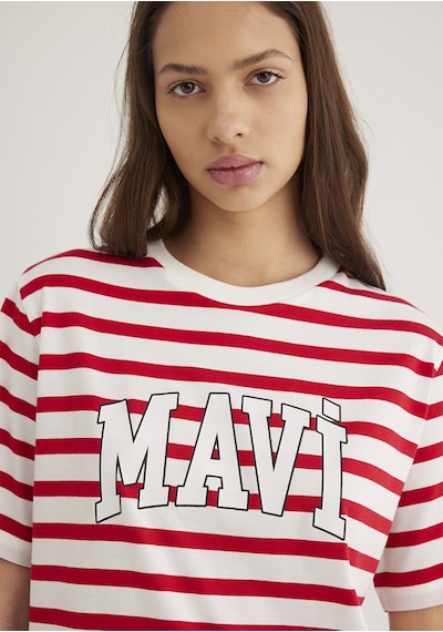 Mavi - Mavi Logo Baksılı Kırmızı Çizgili Tişört 1611360-84475 Kırmızı