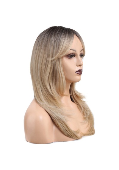 Katlı Kesim Perçemli Düz Fiber Sentetik Orta Boy Peruk / Kahve / Platin Ombre Ve Röfleli - Pnrq-739959 Renkli