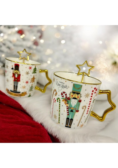 Happy New Year Temalı Kaşıklı Porselen Kupa - Sıcacık Kış Günleri Için Özel Tasarım Çok Renkli