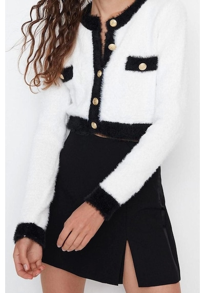 Ersefa Kadın Modern Tarz Slim Bisiklet Yaka Crop Triko Hırka Ekru