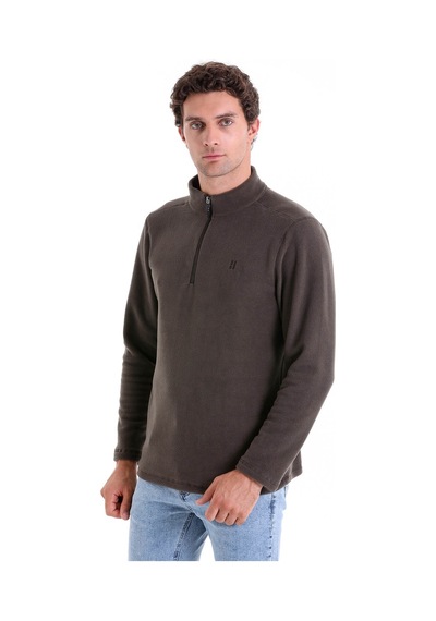 Hatemoğlu Regular Fit Düz Tam Boy Fermuarlı Polar Sweatshirt Haki