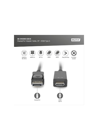Digitus Displayport Adaptör Kablosu, Dp - Hdmı Tip A 2m Ak-340303-020-s 2m