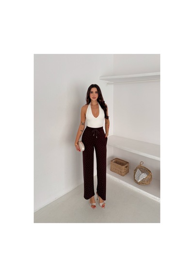 Gugus Kadın Bol Paça Modal Eşofman Altı Taşlı Wide Leg Model Kahverengi
