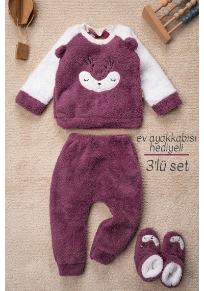 Mai Perla Kız Welsoft 3 Parça Geyik Desenli Ev Ayakkabısı Hediyeli Bebek Takım Mor