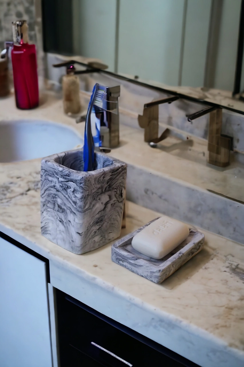 Mermer Desen Beton Banyo Seti Diş Fırçalık Sabunluk Gri