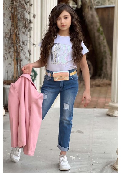 Riccotarz Kız Çocuk Üzeri Harf Pulpayet Tişört Ve Jean Pudra Blazer Ceket Alt Üst Takım Pudra Riccotarz Kız Çocuk Üzeri Harf Pulpayet Tişört Ve Jean Pudra Blazer Ceket Alt Üst Takım Pudra