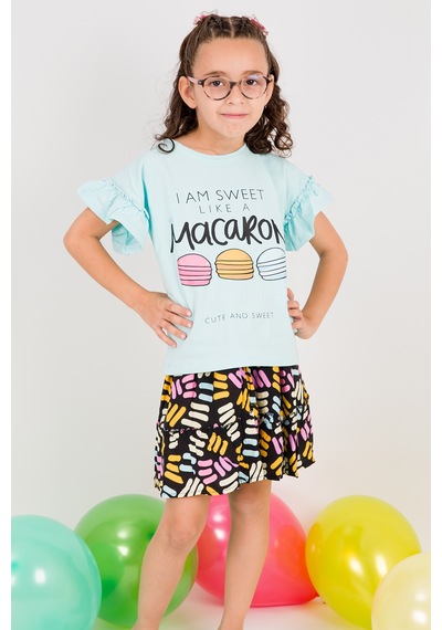 Hçm Kız Çocuk Tshirt Etek Takım Makaron Baskılı B23 Turkuaz