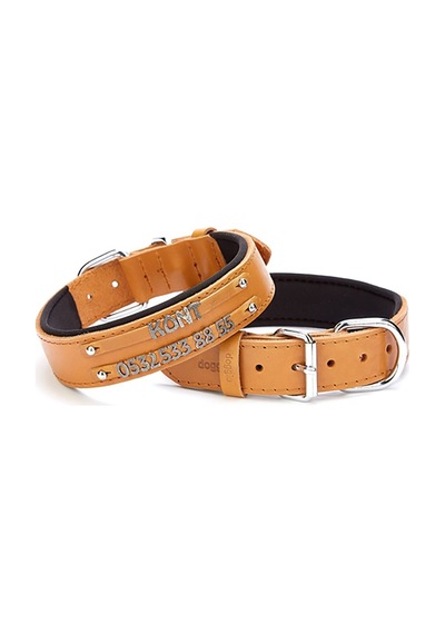 Doggie Konfor Deri Çift İsimlikli Boyun Tasması 3,5X52-60Cm Camel