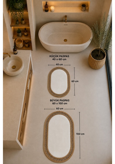 El Yapımı Bohem Banyo Paspası 2'li Peluş Kaymaz Jel Taban 40x60 Cm Ve 60x100 Cm Beyaz