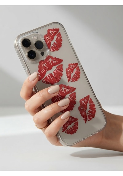 Hepsi Apple İphone Uyumlu 15 Pro Max Kırmızı Dudak / Öpücük Desenli Şeffaf Telefon Kılıfı Najmaddin Çok Renkli