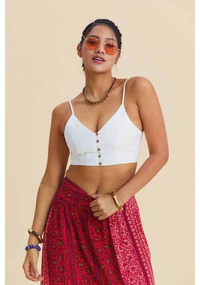 İnce Askılı Düğme Detaylı Crop Bluz Beyaz