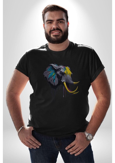 Renkli Fil Kafası Unisex Unisex Siyah Organik Baskılı T-shirt Penye Yüksek Kalite Siyah