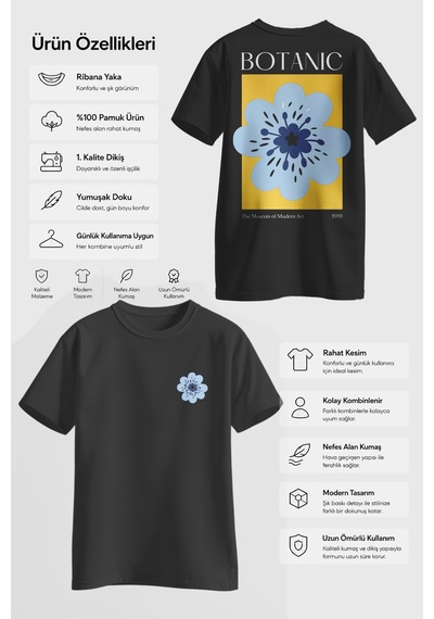 Spoyi Botanic Tasarımlı %100 Pamuk Yarım Oversize Siyah T-shirt