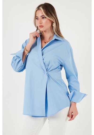 Lela Regular Fit Klasik Yaka Bağlamalı Uzun Kollu Bayan Gömlek 6834987 Mavi