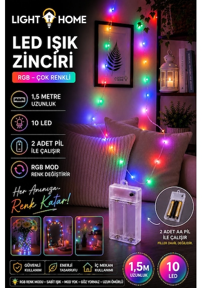 Kablolu Led Işık Zinciri Renkli Rgb Dekoratif Led Aydınlatma Oda Duvar Yatak Odası Parti Yılbaşı Süsü 1,5 Metre 10 Led Çok Renkli
