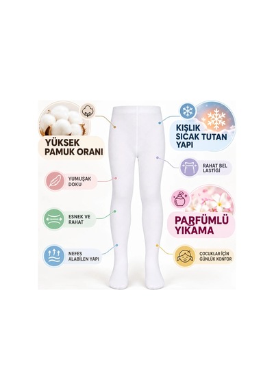 Teorastore Çocuk Beyaz Külotlu 3'lü Çorap Yüksek Pamuklu Kışlık Parfümlü Yumuşak Dokulu Esnek Rahat
