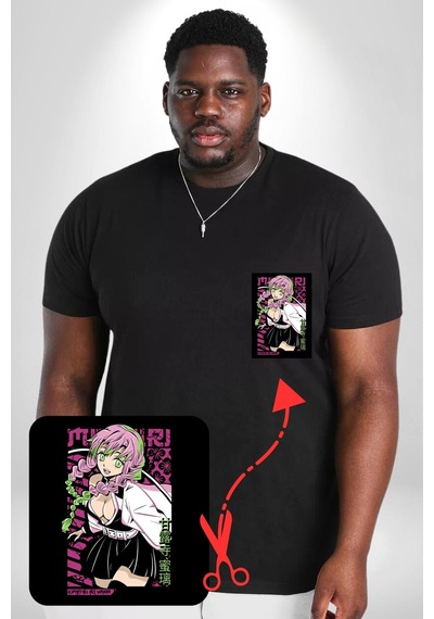 Angemiel Anime Demon Slayer Kimetsu No Yaiba Mitsuri Kanroji Siyah Büyük Beden Kadın Basic Minimal Baskılı Tişört Siyah