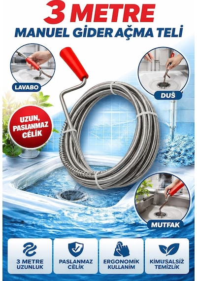 3 Metre Manuel Gider Açma Teli, Lavabo Ve Banyo İçin Uzun Spiral Gider Açıcı, Paslanmaz Çelik T
