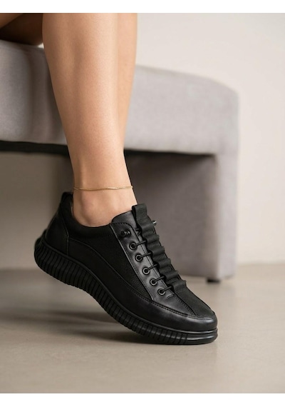 Beren Kadın Hakiki Deri Siyah Casual Ayakkabı Ortopedik Taban Süet Kombin Sneaker