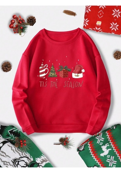 Seda Unisex Kadın/erkek Yılbaşı Temalı Sweatshirt Kırmızı-ağaç