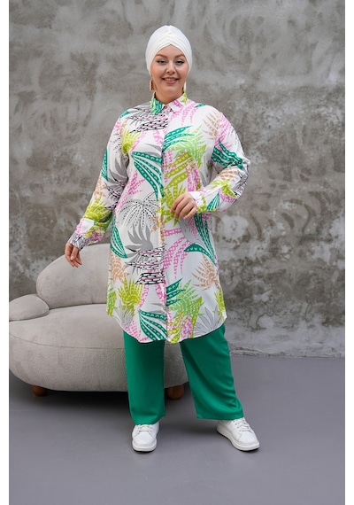 Polologin Butik Renkli Yaprak Desenli Hakim Yaka Tunik Yeşil Pembe Beyaz