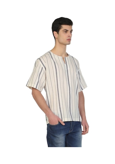 Kısa Kol Şile Bezi Bisiklet Yaka Erkek Tshirt Ekru Gri Çizgili 30