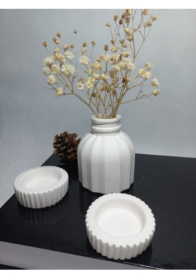 İnce Çizgili Vazo - Modern & Minimal Dekoratif Obje, Salon Ve Ofis Çiçeklik, Beyaz Beyaz